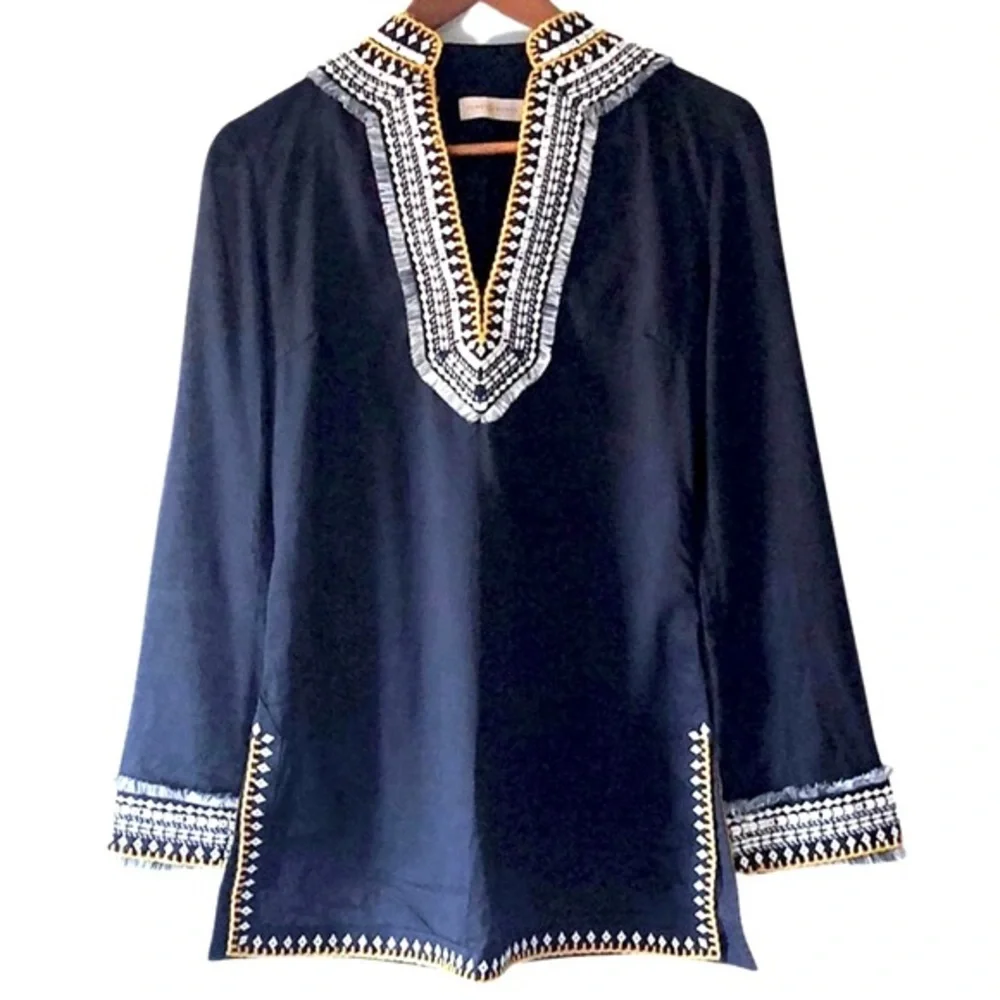 Tory Burch Embroidered Cotton Tunic top with Fringe in Navy‎ White Gold 0